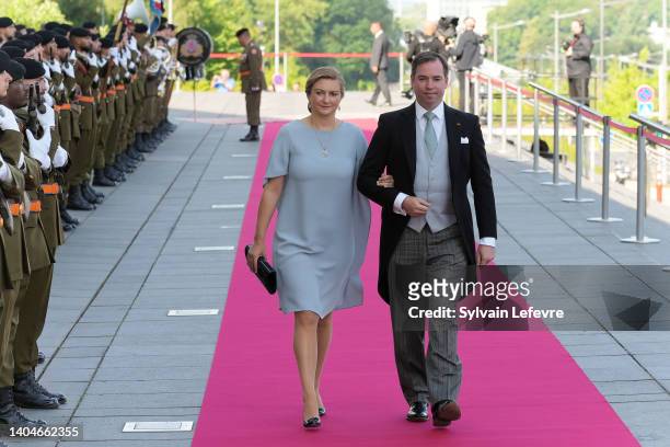 Prince Guillaume of Luxembourg and Princess Stephanie of Luxembourg arrive for the ceremony at La Philarmonie to celebrate National Day on June 23,...