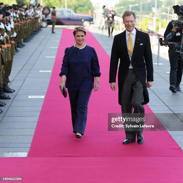 Grand Duchess Maria Teeresa of Luxembourg and Grand Duke Henri of Luxembourg arrive for the ceremony at La Philarmonie to celebrate National Day on...