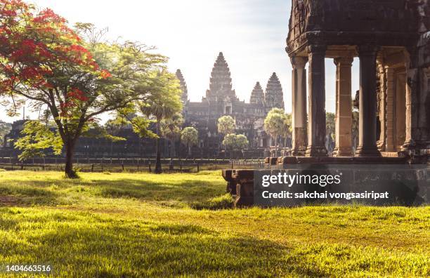 scenic view of angkor wat against sky during sunrise, siem reap, cambodia, asia - angkor wat stock-fotos und bilder