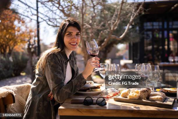 porträt einer mittelerwachsenen frau bei einer weinprobe - mendoza stock-fotos und bilder