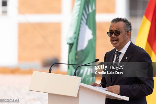 Director-General of the World Health Organization, Dr Tedros Adhanom Ghebreyesus, speaks at a groundbreaking ceremony on June 23, 2022 in Kigali,...