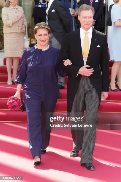 Grand Duchess Maria Teeresa of Luxembourg and Grand Duke Henri of Luxembourg leave the ceremony at La Philarmonie to celebrate National Day on June...