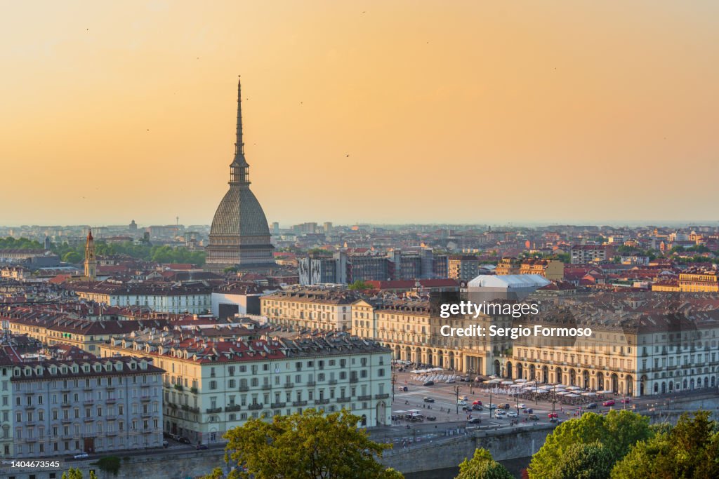 Scenic view of Turin Torino city Italy at dusk