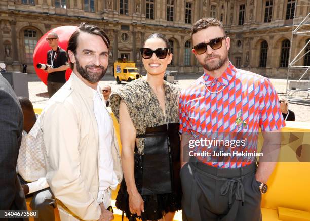 Nicolas Ghesquiere, Jessica Biel and Justin Timberlake attend the Louis Vuitton Menswear Spring Summer 2023 show as part of Paris Fashion Week on...