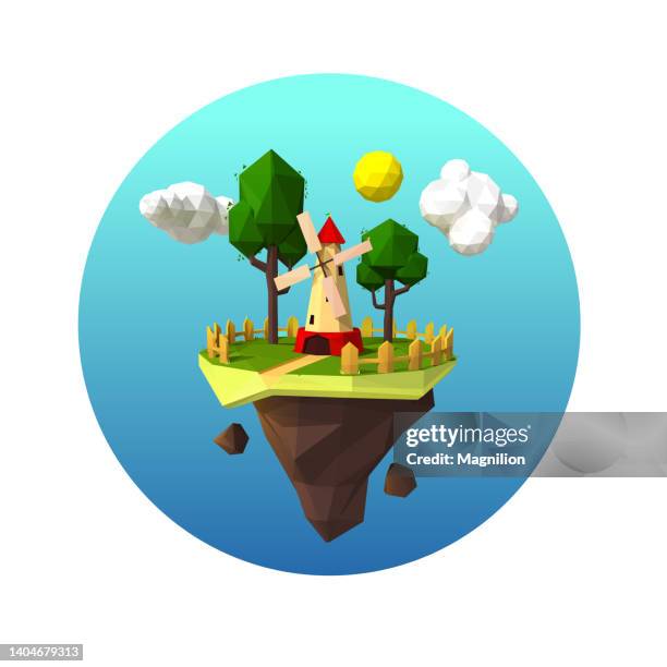 flying island of triangles with windmill, trees, sun - fantasy factory stock illustrations