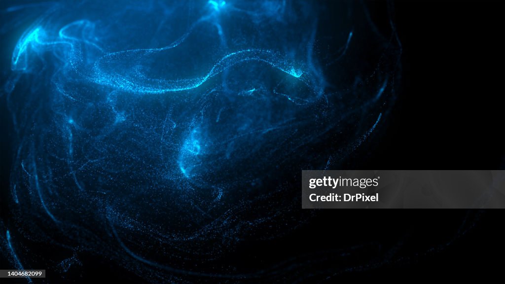Blue Fractal Fog over Black Background with Copy Space