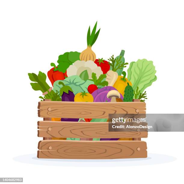 ilustraciones, imágenes clip art, dibujos animados e iconos de stock de verduras ecológicas en cajas de madera sobre fondo blanco. - mercado de productos de granja