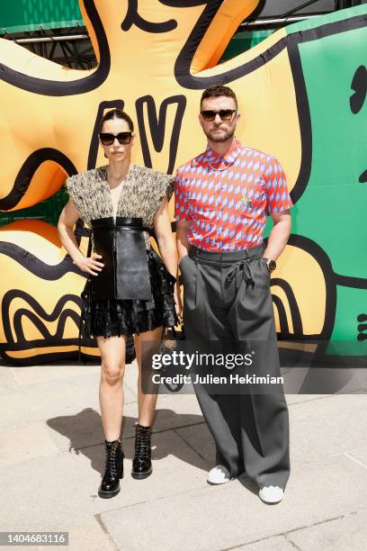 Jessica Biel and Justin Timberlake attend the Louis Vuitton Menswear Spring Summer 2023 show as part of Paris Fashion Week on June 23, 2022 in Paris,...