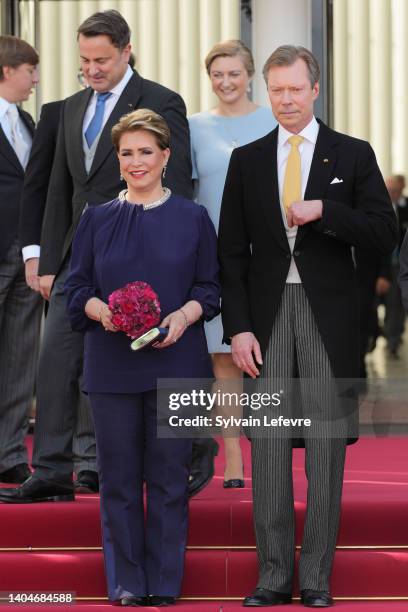 Grand Duchess Maria Teeresa of Luxembourg and Grand Duke Henri of Luxembourg leave the ceremony at La Philarmonie to celebrate National Day on June...