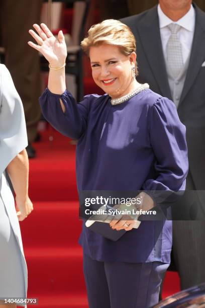 Grand Duchess Maria Teresa of Luxembourg arrives for the military parade of National Day on June 23, 2022 in Luxembourg, Luxembourg.