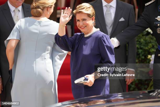 Grand Duchess Maria Teresa of Luxembourg arrives for the military parade of National Day on June 23, 2022 in Luxembourg, Luxembourg.