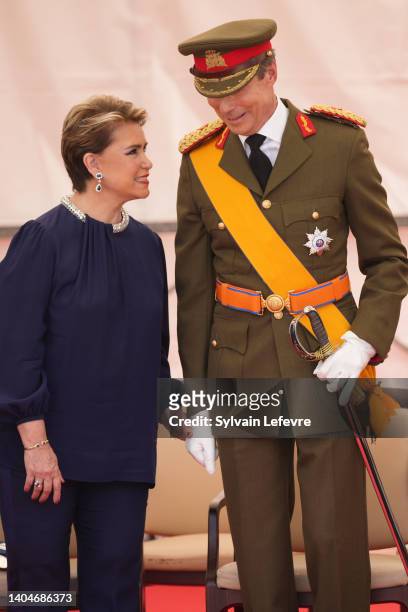 Grand Duchess Maria Teeresa of Luxembourg and Grand Duke Henri of Luxembourg attend the military parade of National Day on June 23, 2022 in...
