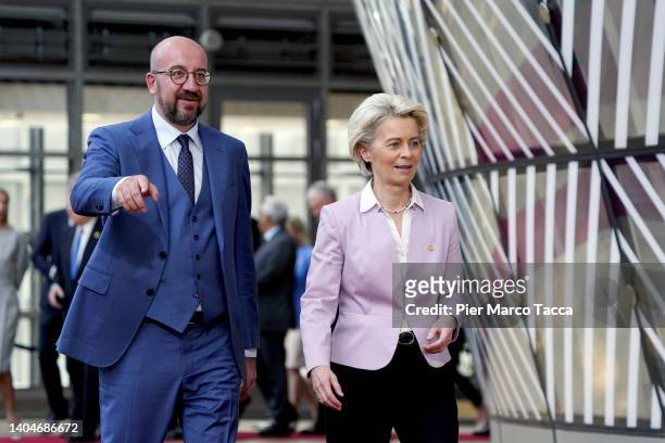 Charles Michel, President of the European Council speaks with European Commission President Ursula Von der Leyen prior to the family photo at the...