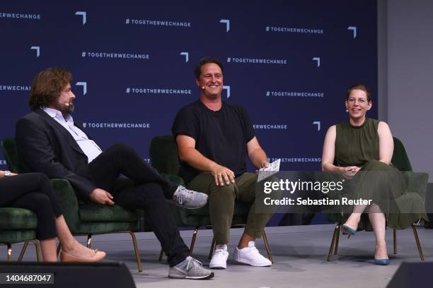 Christian v. Den Brincken, Sven Wedig and Eva-Maria Kirschsieper speak on stage during day 2 of the Greentech Festival on June 23, 2022 in Berlin,...