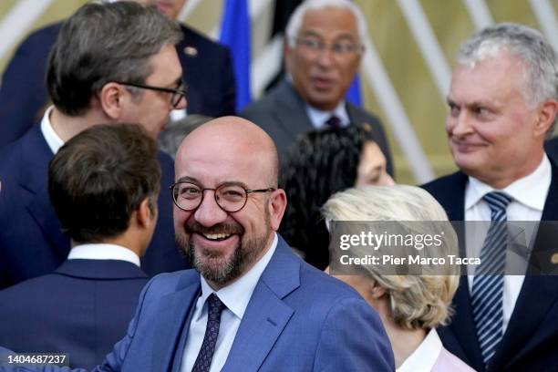 Charles Michel President of the European Council smiles during the family photo at the EU-Western Balkan meeting on June 23, 2022 in Brussels,...