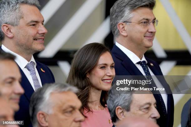 Austrian Prime Minister Karl Nehammer, Finish Prime Minister Sanna Mirella Marin and Serbian president Aleksandar Vucic attend the family photo at...