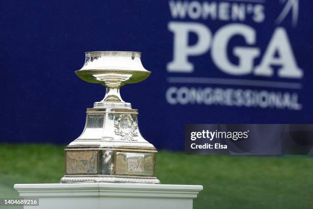 The trophy is seen during the first round of the KPMG Women's PGA Championship at Congressional Country Club on June 23, 2022 in Bethesda, Maryland.