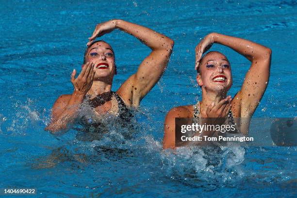 Maryna Aleksiiva and Vladyslava Aleksiiva of Team Ukraine compete in the Women's Duet Free Final on day seven of the Budapest 2022 FINA World...