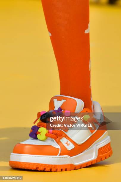 Model walks the runway during the Vuitton Ready to Wear Spring/Summer 2023 fashion show as part of the Paris Men Fashion Week on June 23, 2022 in...