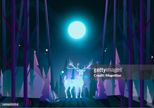 ilustraciones, imágenes clip art, dibujos animados e iconos de stock de espíritu del bosque ciervos en el bosque bajo la luna - luna