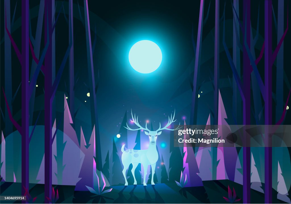 Spirit of the forest Deer in the forest under the moon