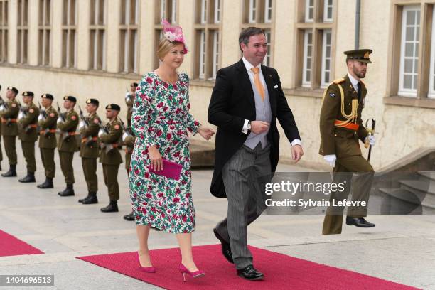 Prince Guillaume of Luxembourg and Princess Stephanie of Luxembourg arrive at the Cathedral for the Te Deum of National Day on June 23, 2022 in...