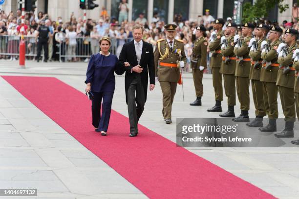 Grand Duchess Maria Teeresa of Luxembourg and Grand Duke Henri of Luxembourg arrive at the Cathedral for the Te Deum of National Day on June 23, 2022...
