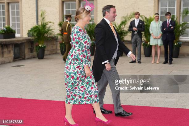 Prince Guillaume of Luxembourg and Princess Stephanie of Luxembourg arrive at the Cathedral for the Te Deum of National Day on June 23, 2022 in...