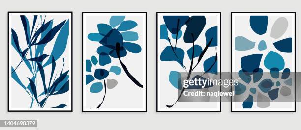 vector blue foliage tropical leaves and floral pattern of wall art design with watercolor art texture card template,design element,abstract backgrounds - stamen stock illustrations
