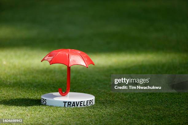 The Travelers logo is seen on the 12th tee box during the first round of Travelers Championship at TPC River Highlands on June 23, 2022 in Cromwell,...