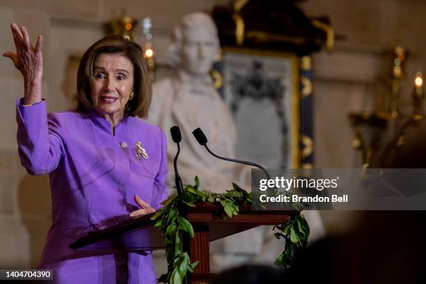 Speaker of the House Nancy Pelosi speaks at an unveiling ceremony for a portrait of the late Rep. Patsy Mink at the U.S. Capitol on June 23, 2022 in...