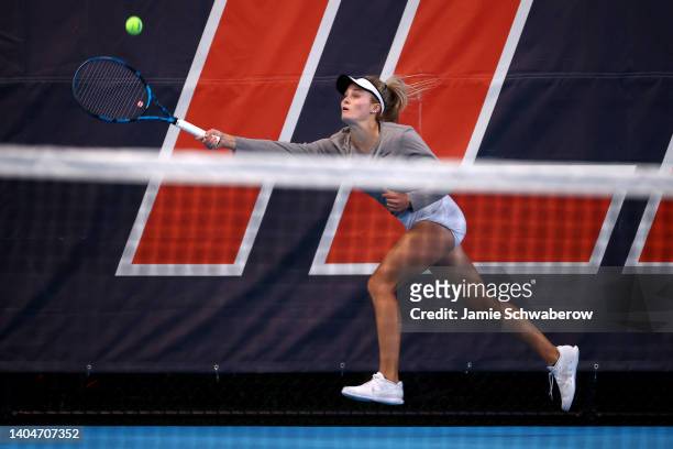 Layne Sleeth of the Oklahoma Sooners hits a forehand against the Texas Longhorns during the Division I Women's Tennis Championship held at the Atkins...