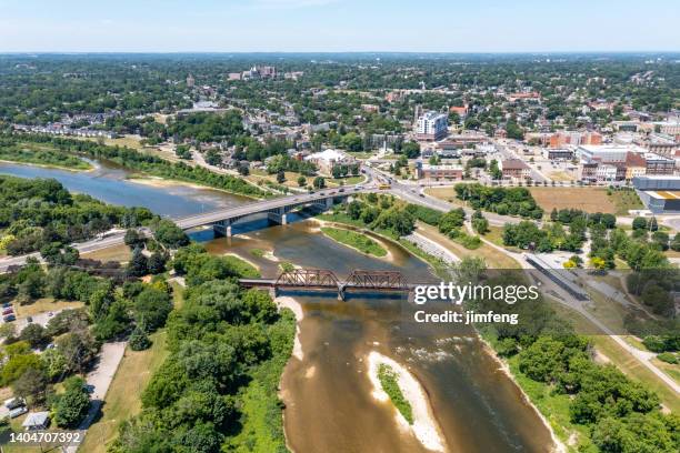 aerial lorne bridge and rail bridge at grand river, brantford, canada - ontario canada stock pictures, royalty-free photos & images