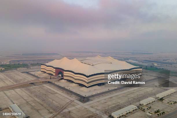 An aerial view of Al Bayt at sunrise on June 19, 2022 in Al Khor, Qatar. Al Bayt stadium will host the opening game of the FIFA World Cup Qatar 2022...