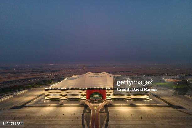 An aerial view of Al Bayt at sunrise on June 19, 2022 in Al Khor, Qatar. Al Bayt stadium will host the opening game of the FIFA World Cup Qatar 2022...