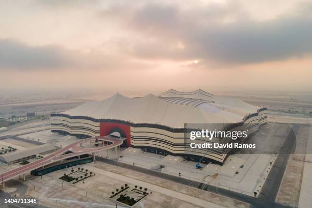 An aerial view of Al Bayt at sunrise on June 19, 2022 in Al Khor, Qatar. Al Bayt stadium will host the opening game of the FIFA World Cup Qatar 2022...