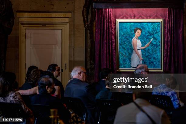 Attendees listen during the unveiling of a portrait of the late Rep. Patsy Mink in the National Statuary Hall at the U.S. Capitol on June 23, 2022 in...