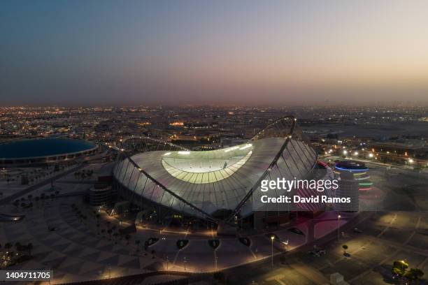 An aerial view of Khalifa Stadium stadium at sunrise on June 22, 2022 in Doha, Qatar. Khalifa Stadium stadium is a host venue of the FIFA World Cup...