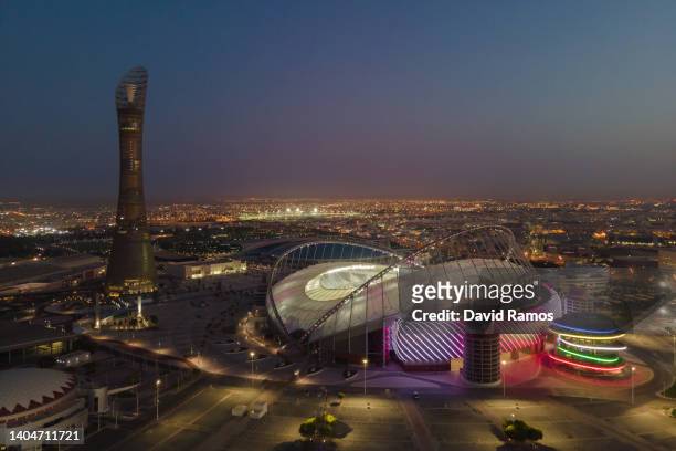 An aerial view of Khalifa Stadium stadium at sunrise on June 22, 2022 in Doha, Qatar. Khalifa Stadium stadium is a host venue of the FIFA World Cup...