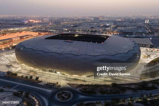 An aerial view of Education City stadium at sunrise on June 22, 2022 in Al Rayyan, Qatar. Education City stadium, designed by Fenwick-Iribarren...