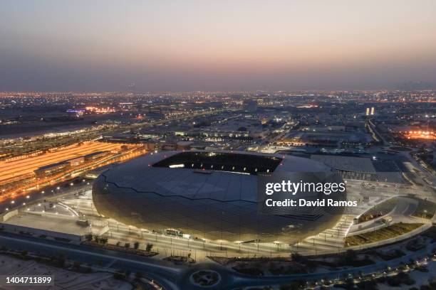 An aerial view of Education City stadium at sunrise on June 22, 2022 in Al Rayyan, Qatar. Education City stadium, designed by Fenwick-Iribarren...