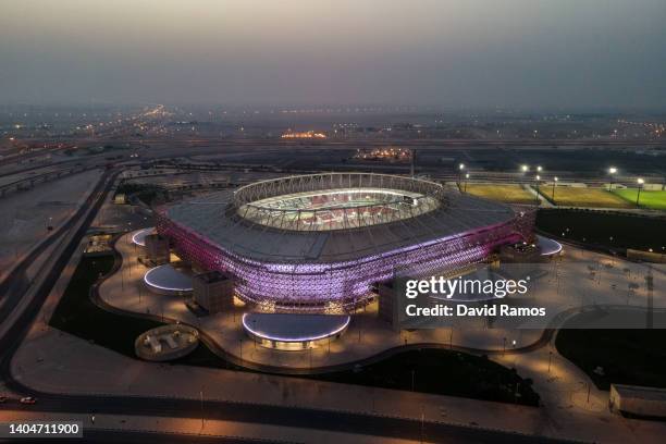 An aerial view of Ahmad Bin Ali stadium at sunset on June 23, 2022 in Al Rayyan, Qatar. Ahmad Bin Ali stadium, designed by Pattern Design studio is a...