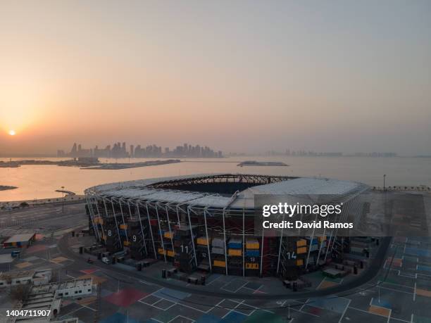 An aerial view of 974 stadium at sunset on June 21, 2022 in Doha, Qatar. 974 stadium is a host venue of the FIFA World Cup Qatar 2022 starting in...