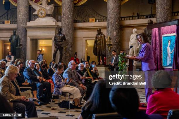 Speaker of the House Nancy Pelosi speaks at an unveiling ceremony for a portrait of the late Rep. Patsy Mink at the U.S. Capitol on June 23, 2022 in...