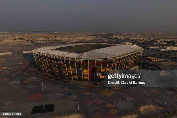 An aerial view of 974 stadium at sunset on June 21, 2022 in Doha, Qatar. 974 stadium is a host venue of the FIFA World Cup Qatar 2022 starting in...