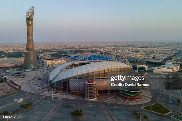 An aerial view of Khalifa Stadium stadium at sunrise on June 22, 2022 in Doha, Qatar. Khalifa Stadium stadium is a host venue of the FIFA World Cup...