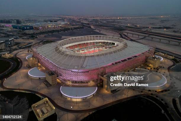 An aerial view of Ahmad Bin Ali stadium at sunset on June 23, 2022 in Al Rayyan, Qatar. Ahmad Bin Ali stadium, designed by Pattern Design studio is a...