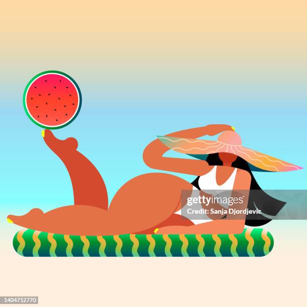 ilustraciones, imágenes clip art, dibujos animados e iconos de stock de hermosa chica acostada en el colchón de sandía - fiesta de piscina