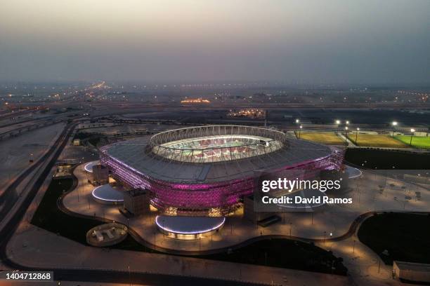 An aerial view of Ahmad Bin Ali stadium at sunset on June 23, 2022 in Al Rayyan, Qatar. Ahmad Bin Ali stadium, designed by Pattern Design studio is a...