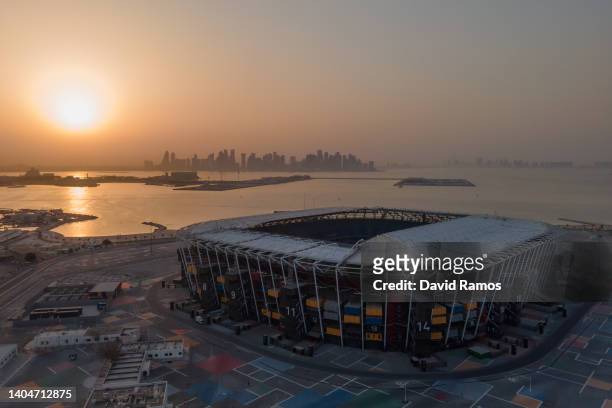 An aerial view of 974 stadium at sunset on June 21, 2022 in Doha, Qatar. 974 stadium is a host venue of the FIFA World Cup Qatar 2022 starting in...
